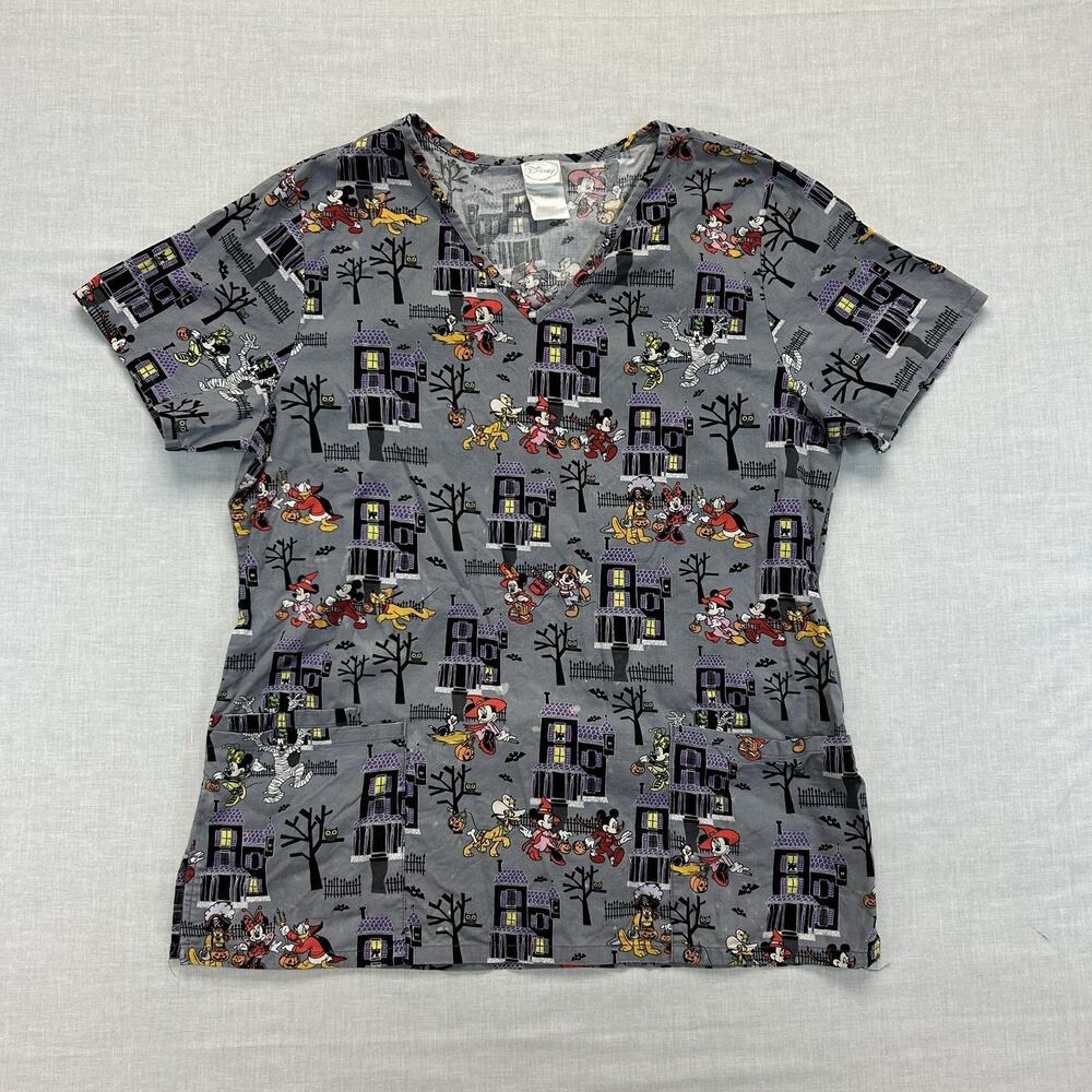 Disney Mickey Mouse Minnie Donald Haunted House Scrub Top Halloween Size Large